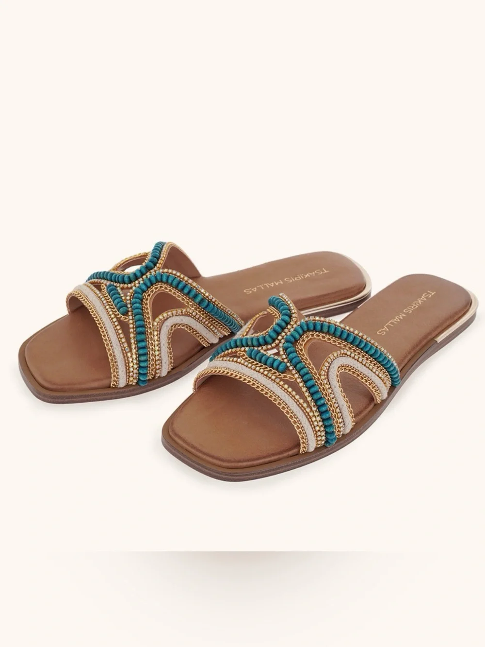 Tsakiris Mallas Greek Leather Flat Sandals Turquoise Beaded EU 41 US 10.5 NIB